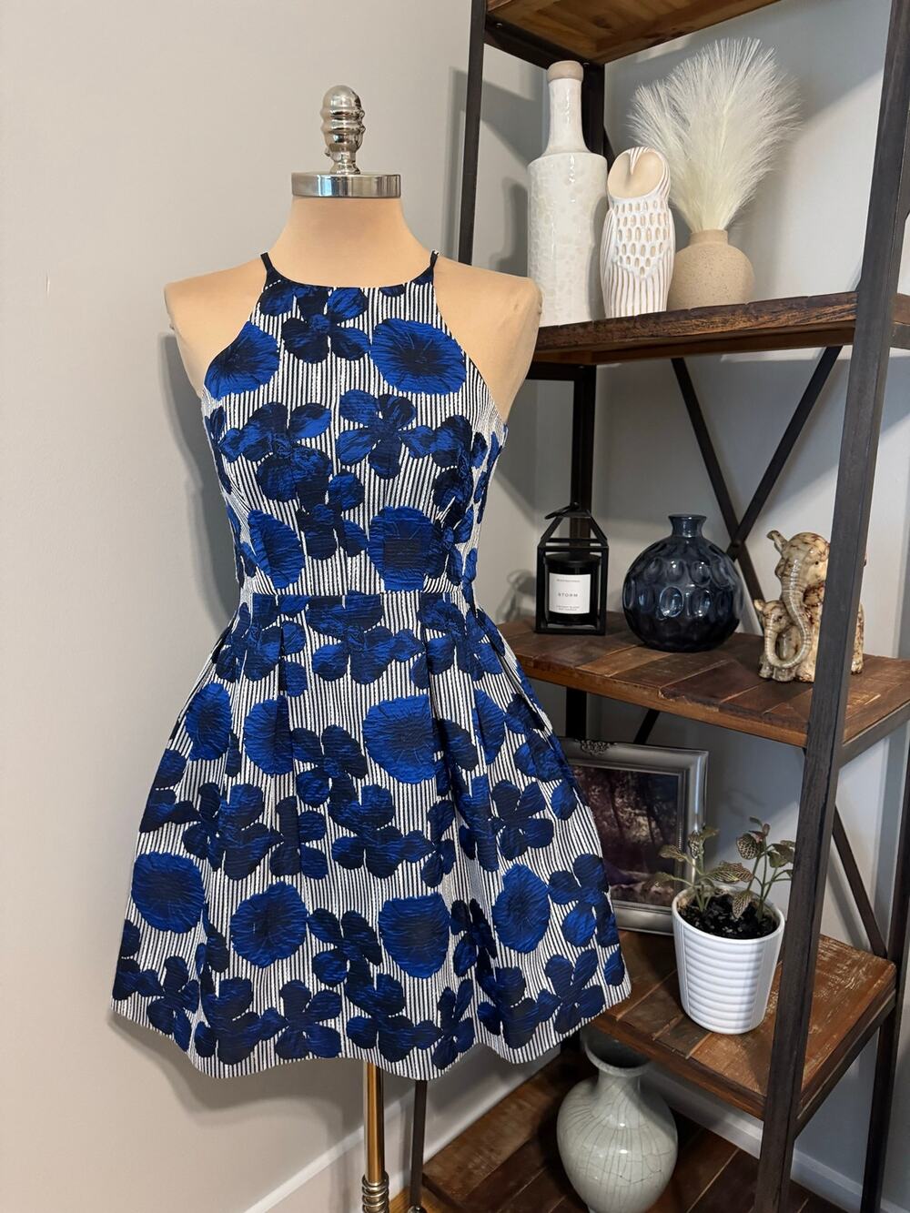 Belle by Badgley Mischka Blue Floral Striped Fit/Flare Dress Women’s SIZE 4
